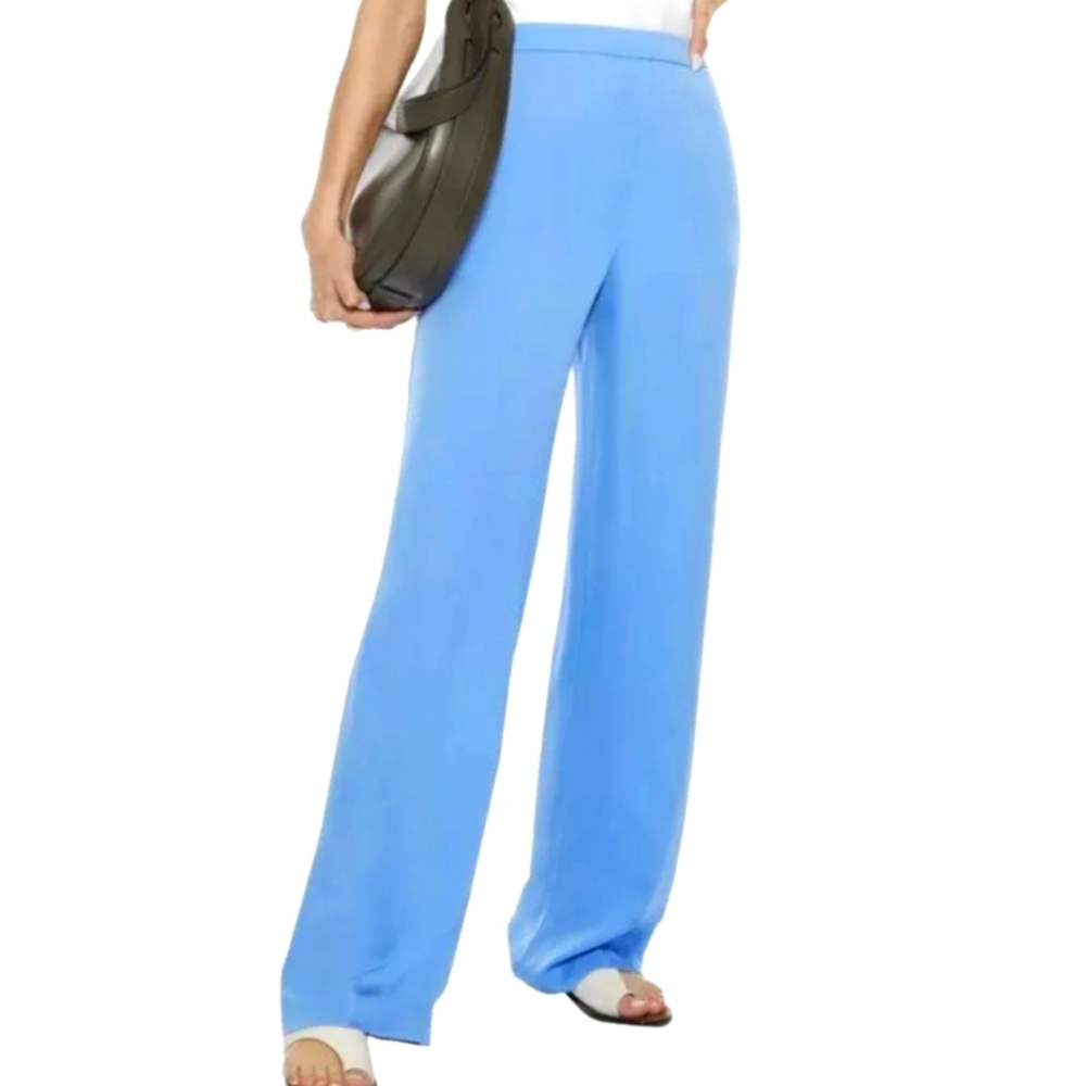 Theory Wide Leg Pull-On Slack Pant In Silk Georgette Light Marine Sz XL
